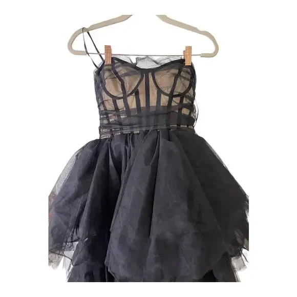 NBD Paula Corset Gown Strapless Tulle Hi-Low Tiered Ruffle Skirt Black Size XS